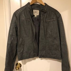 Grey vegan leather jacket.